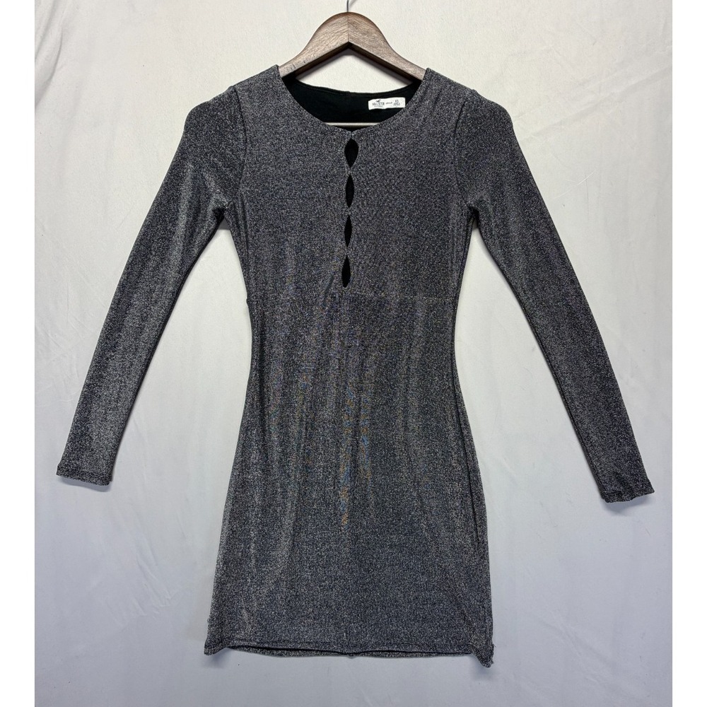 Hollister Mini Dress Womens XS Black Silver Glitter Round Neck Keyhole Detail
